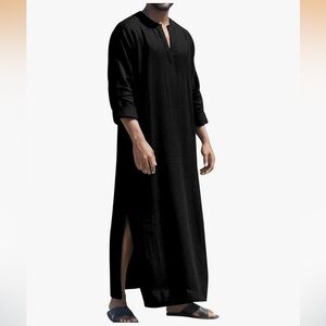 Men's Long Black Thobe / Kaftan Roll Sleeves Linen Cotton New